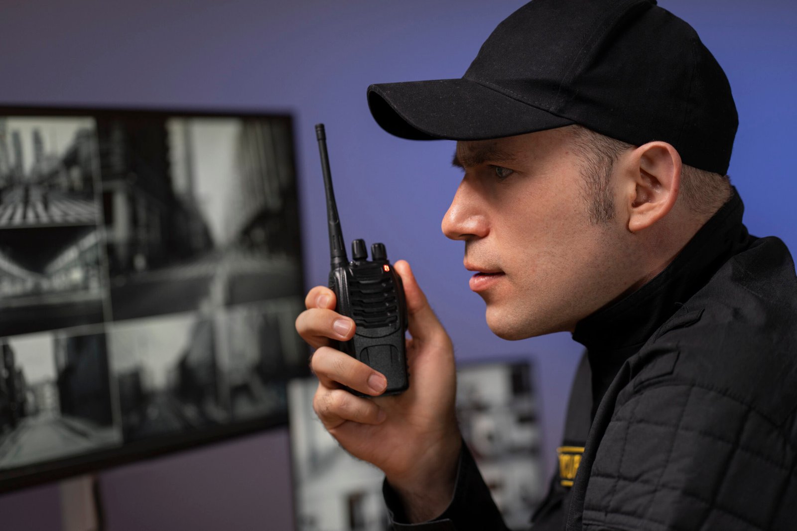 portrait male security guard with radio station camera screens scaled